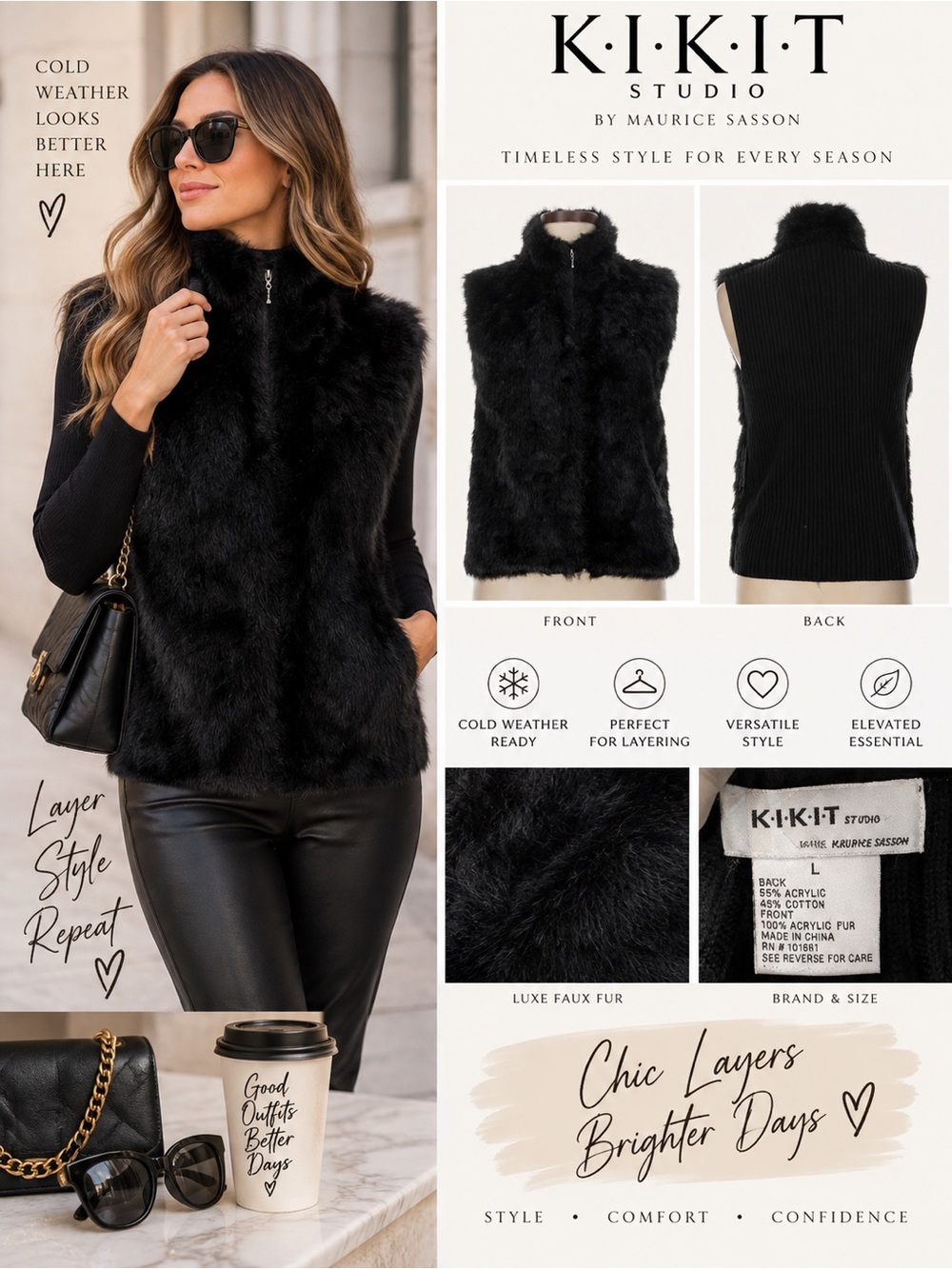 KIKIT Studio Black Faux Fur Zip Vest Size L Quiet Luxury Après Ski